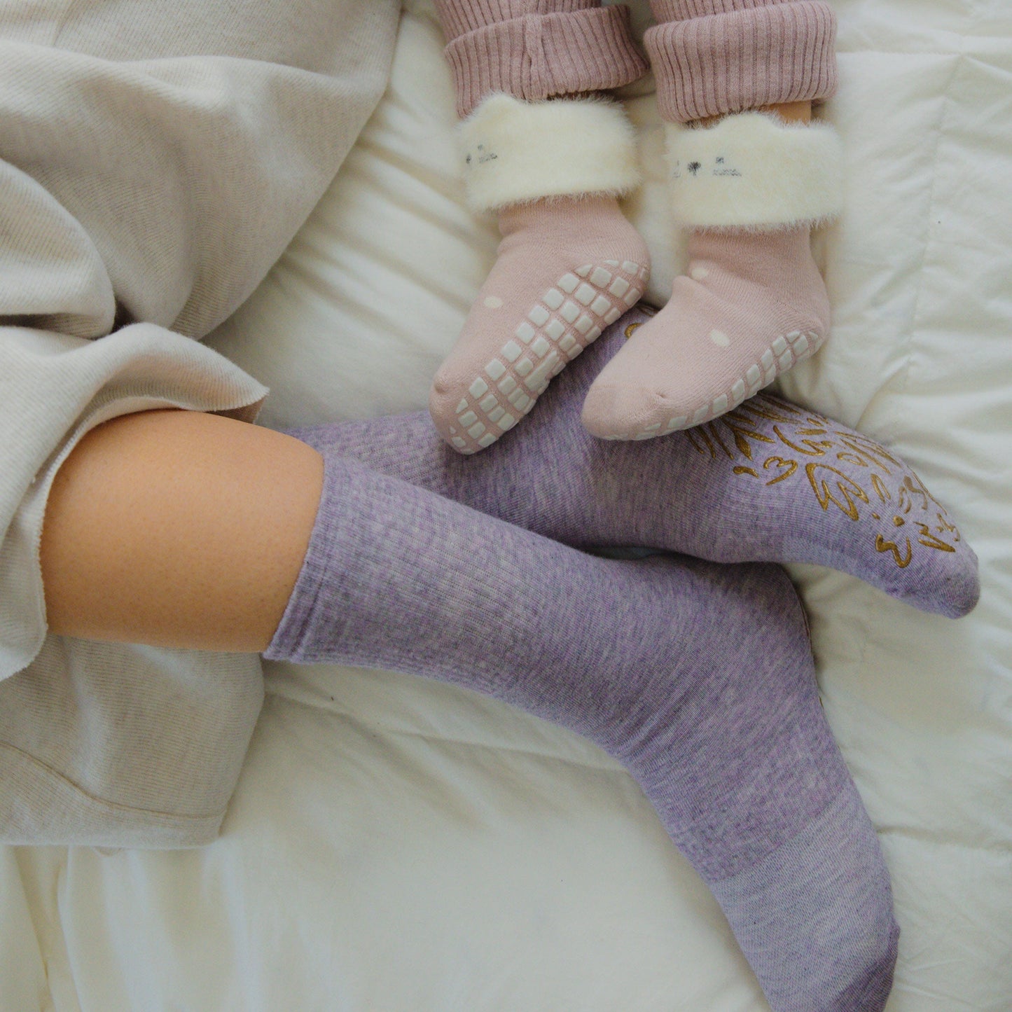 Little Yoga Socks Serene Socks- Adult Organic Cotton Non-Slip Socks- 4 Seasons- Lavender- 2 Pairs