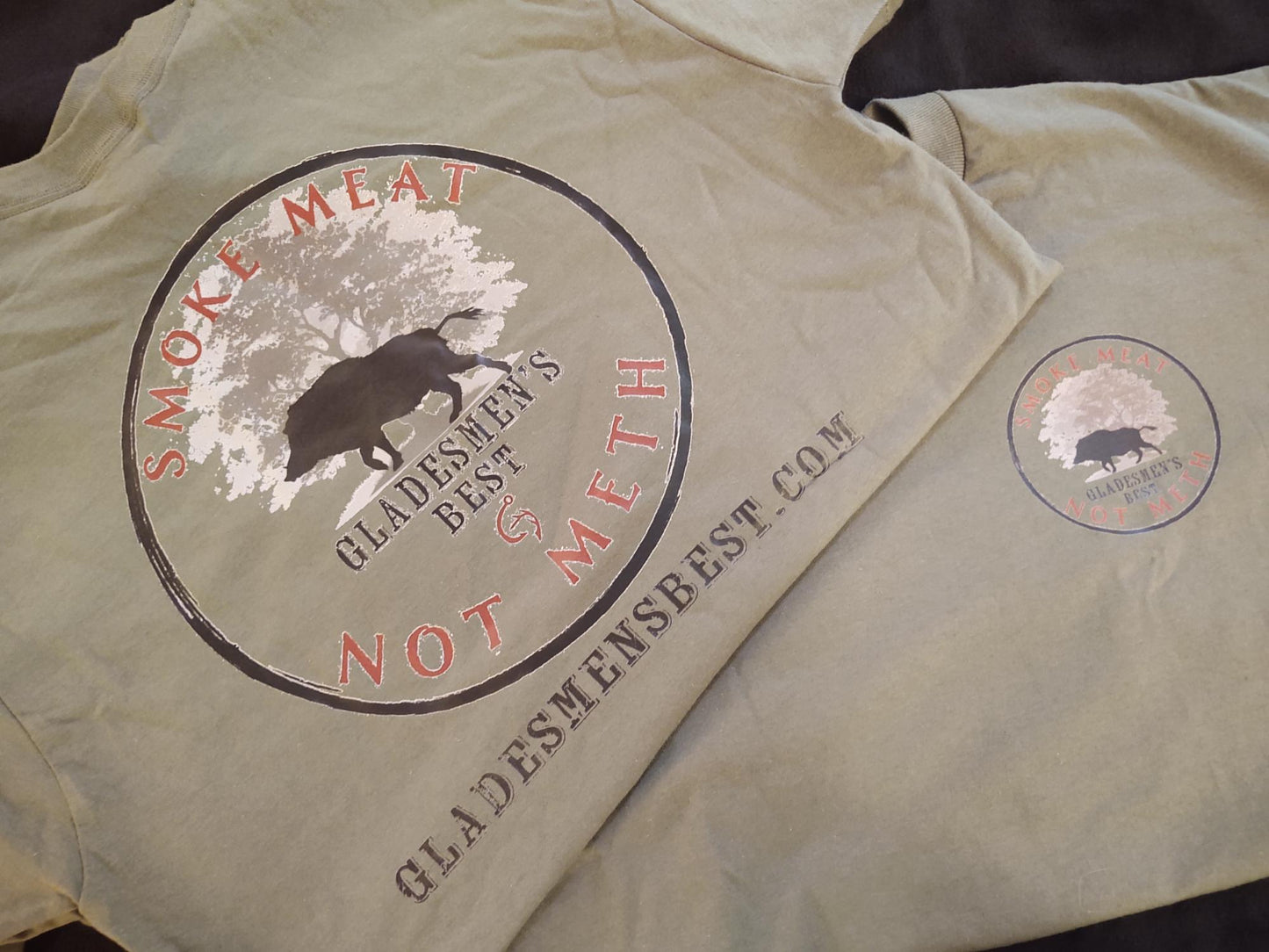 Smoke Meat Not Meth Short-Sleeve Tee, Military Green/Graphic Front
