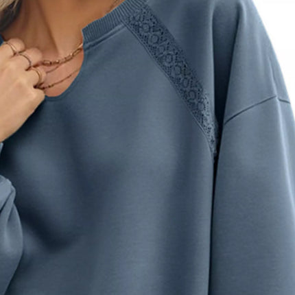 Lace Detail Notched Long Sleeve Sweatshirt