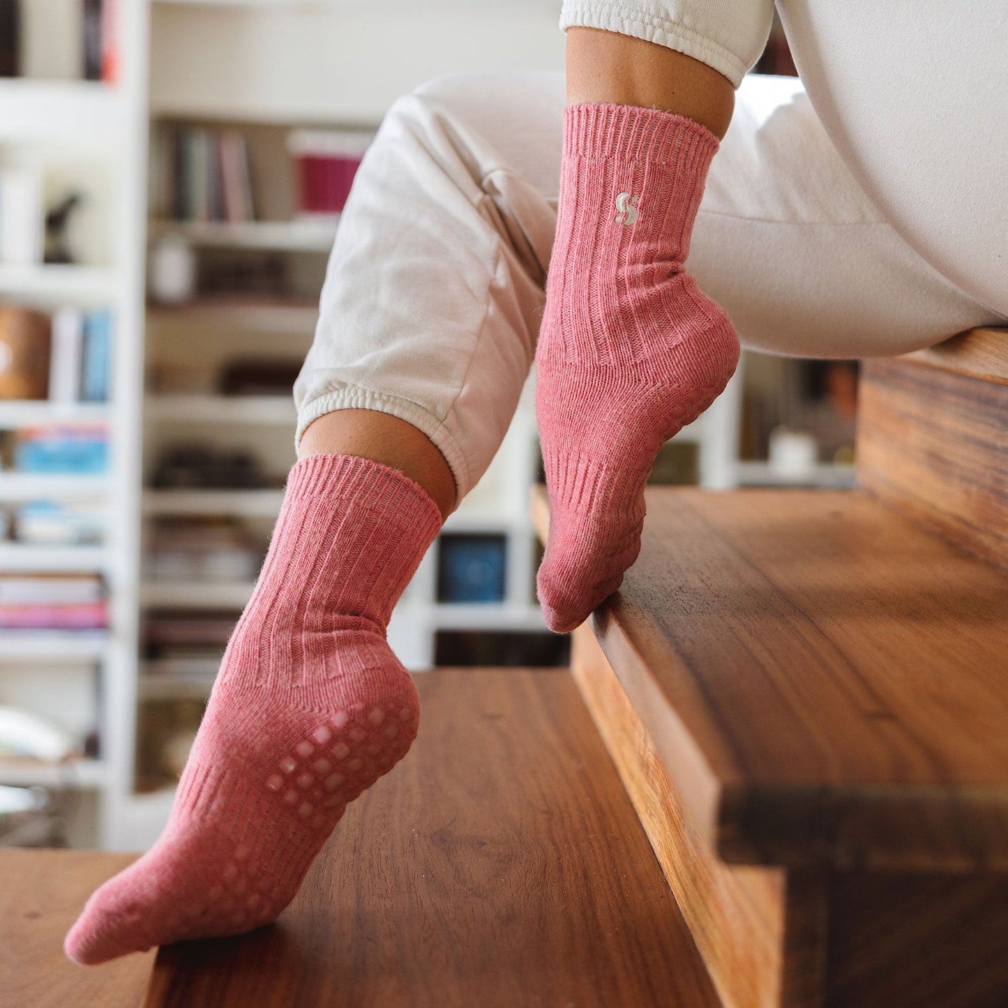 Little Yoga Socks Serene Socks- Adult Merino Wool Non-Slip Socks- Coral- 1 pair