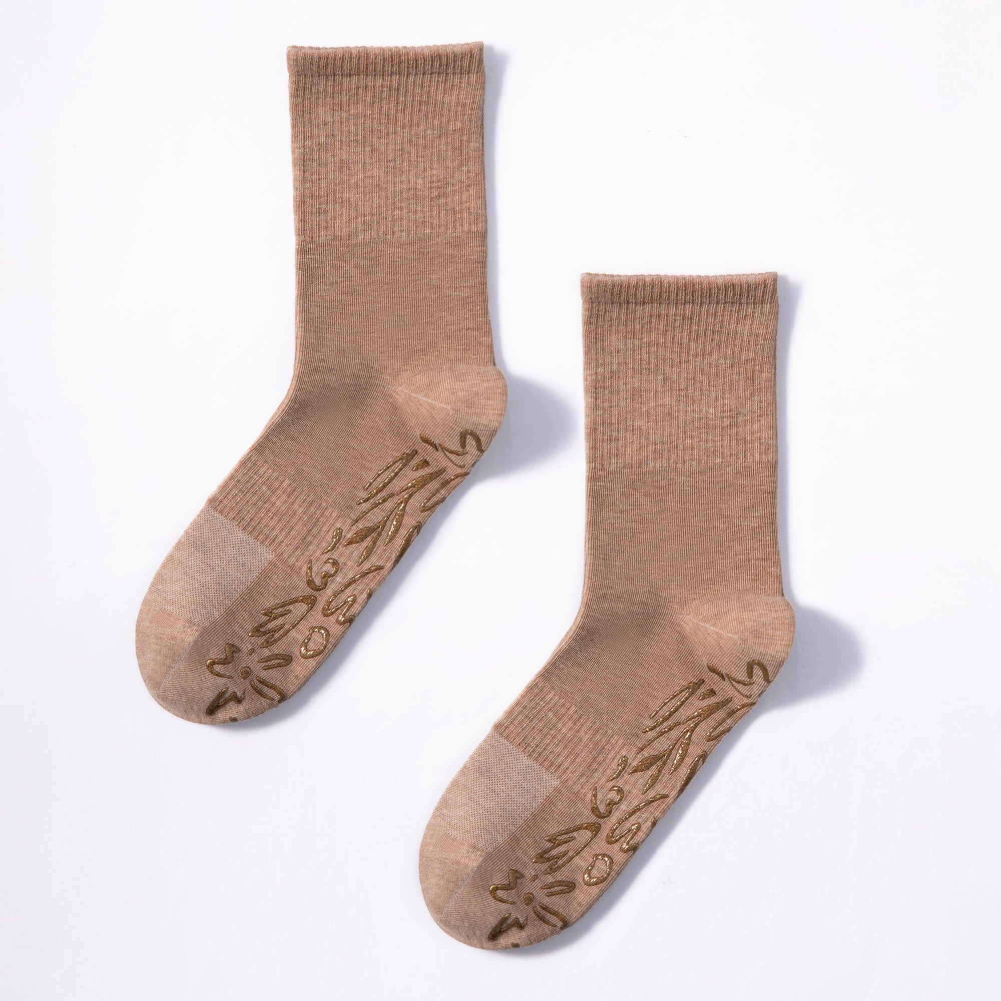 Serene Socks- Adult Organic Cotton Non-Slip Socks- 4 Seasons- Brown- 2 Pairs