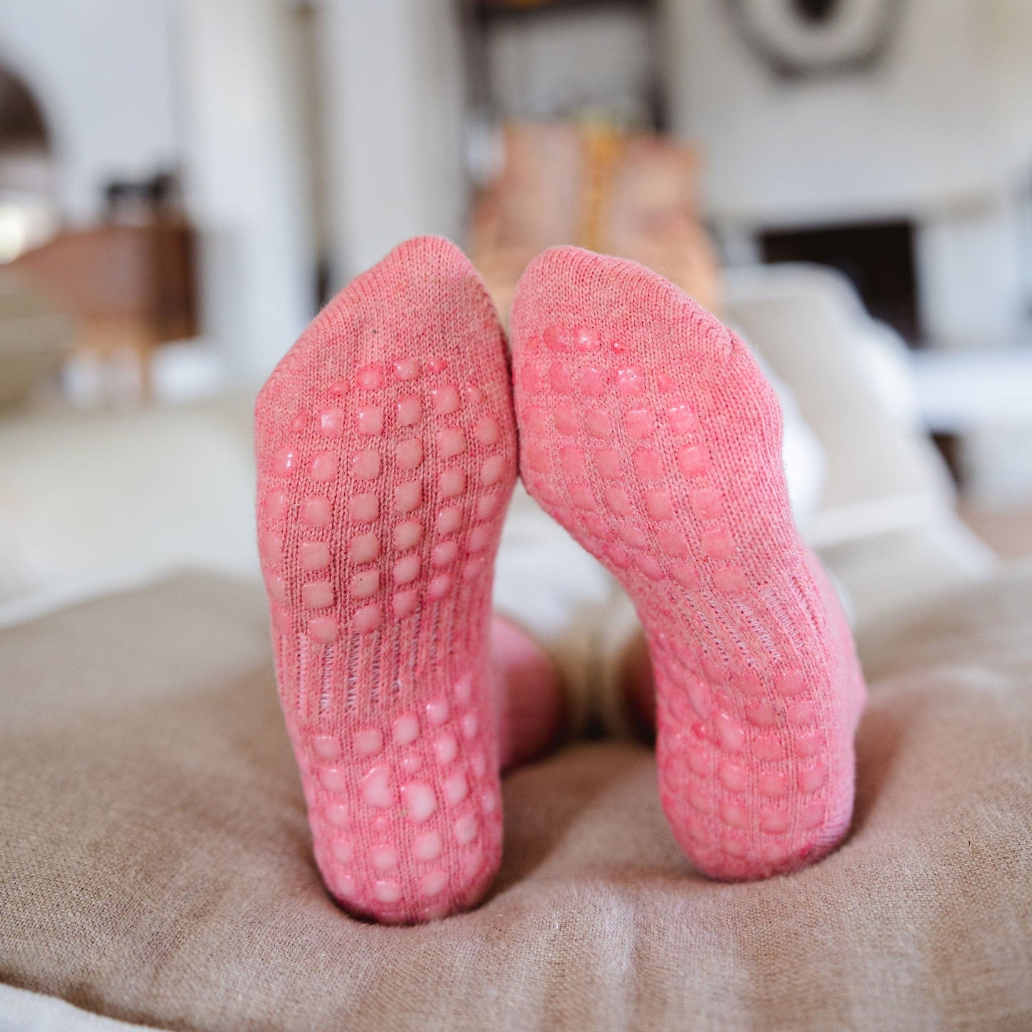 Little Yoga Socks Serene Socks- Adult Merino Wool Non-Slip Socks- Coral- 1 pair