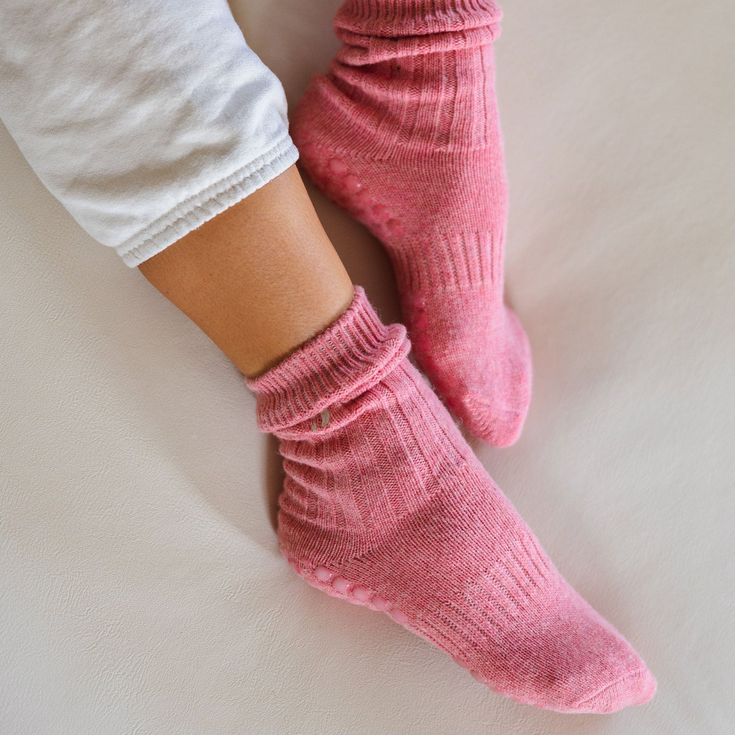 Little Yoga Socks Serene Socks- Adult Merino Wool Non-Slip Socks- Coral- 1 pair