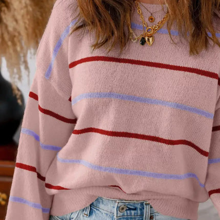 Striped Round Neck Drop Shoulder Sweater