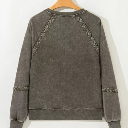 Lace Patchwork Detail Notched Mineral Wash Sweatshirt