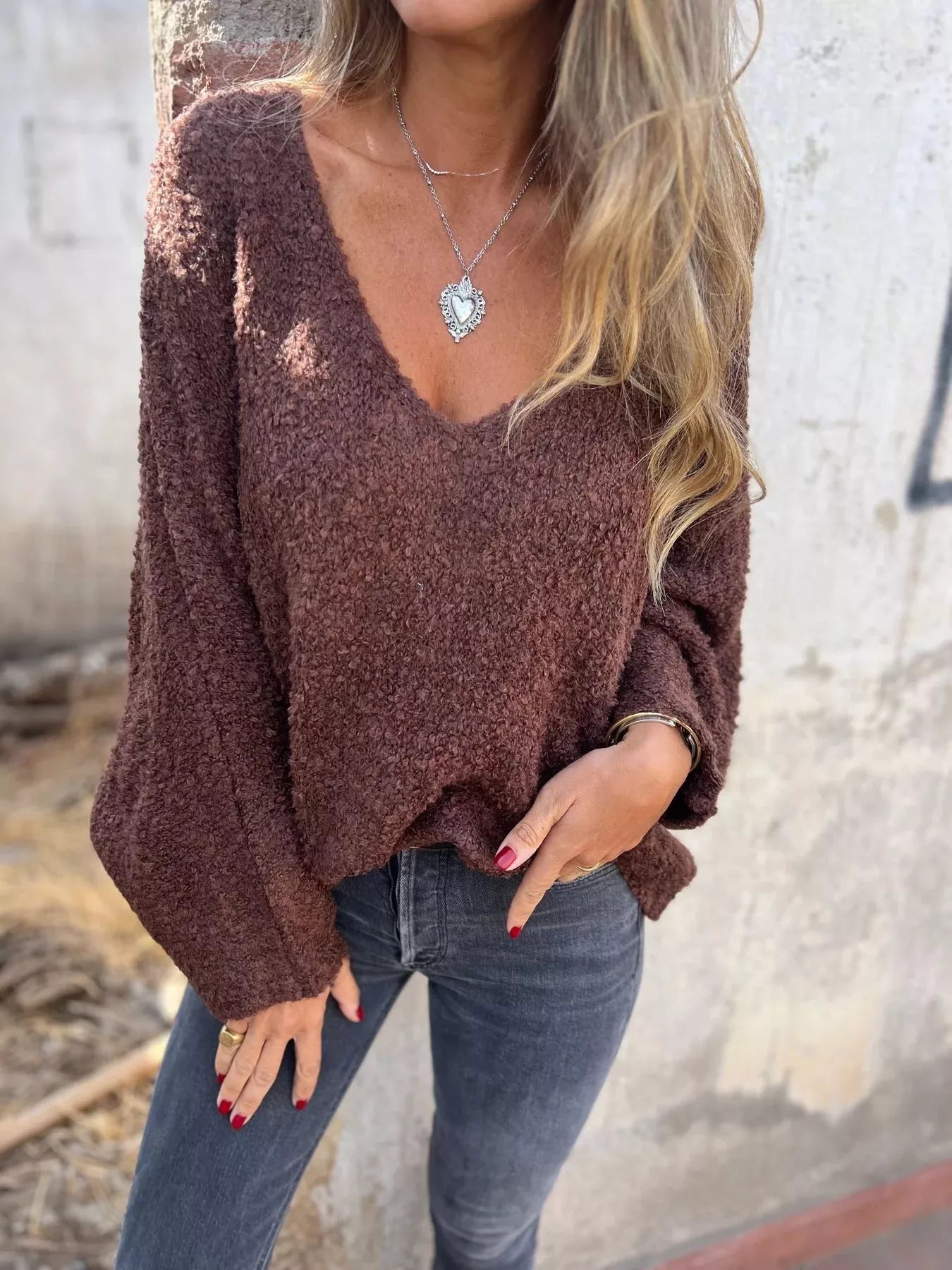 Full Size V-Neck Long Sleeve Sweater Plus Size