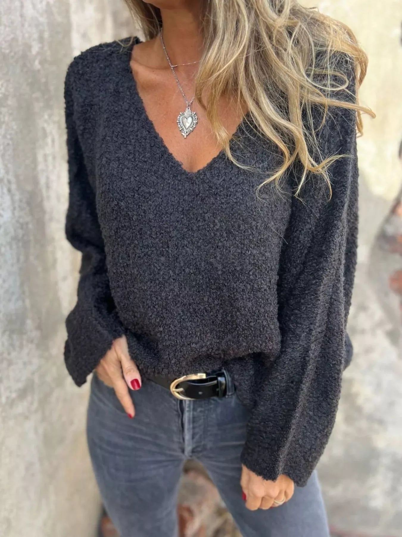 Full Size V-Neck Long Sleeve Sweater Plus Size