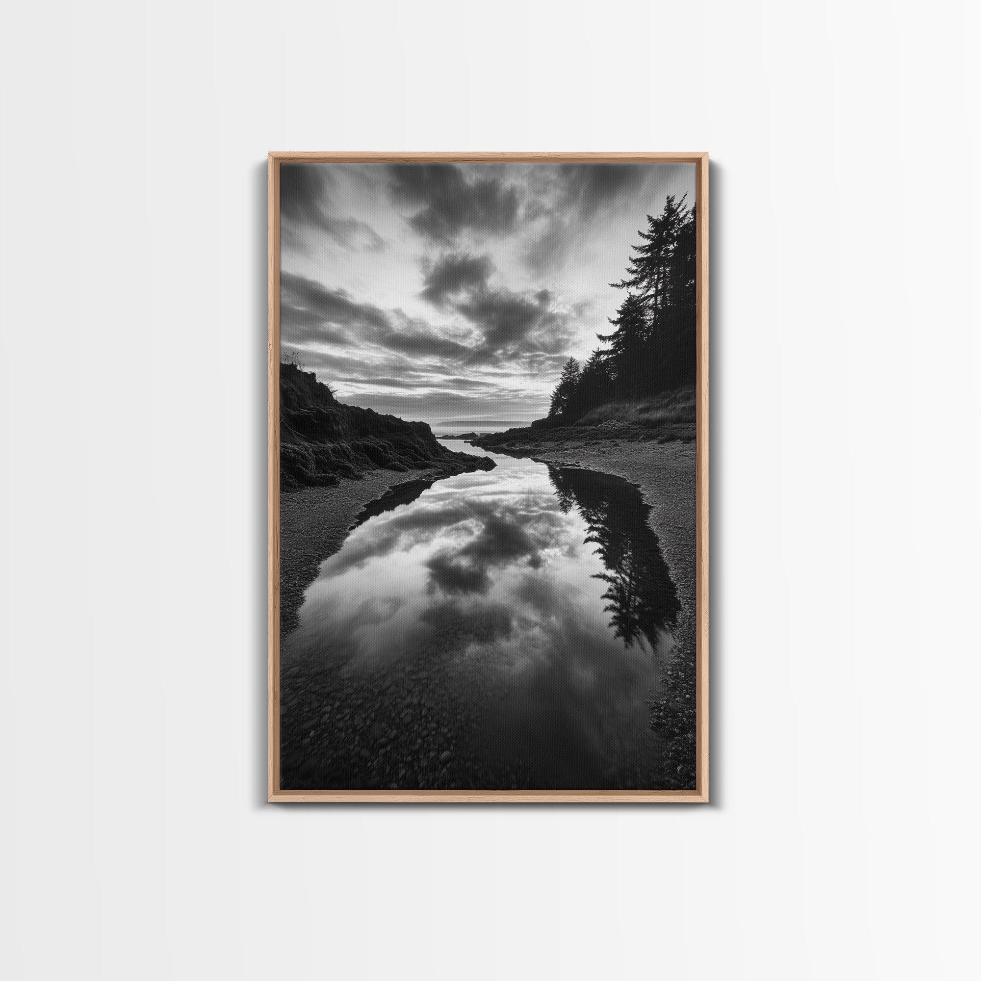 Reflective Tide Pool, Dramatic Sky, Forest Silhouette, Black and White Seascape, Framed Canvas Print, Living Room Wall Art, Nature Boho Style