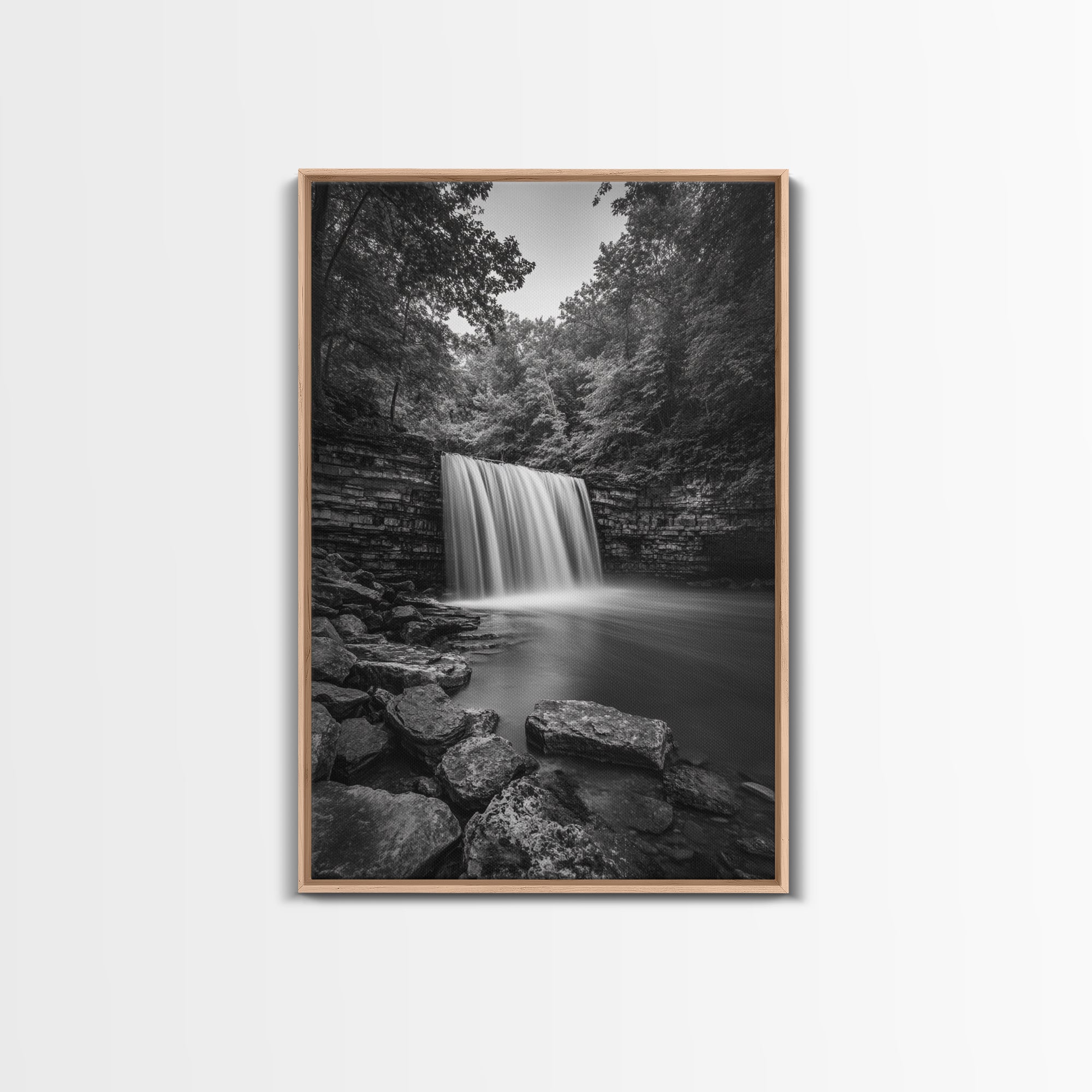 Waterfall Serenity, Nature Escape, River Rock Flow, Bedroom Wall Decor, Framed Canvas Print, Modern Rustic Forest Wall Art