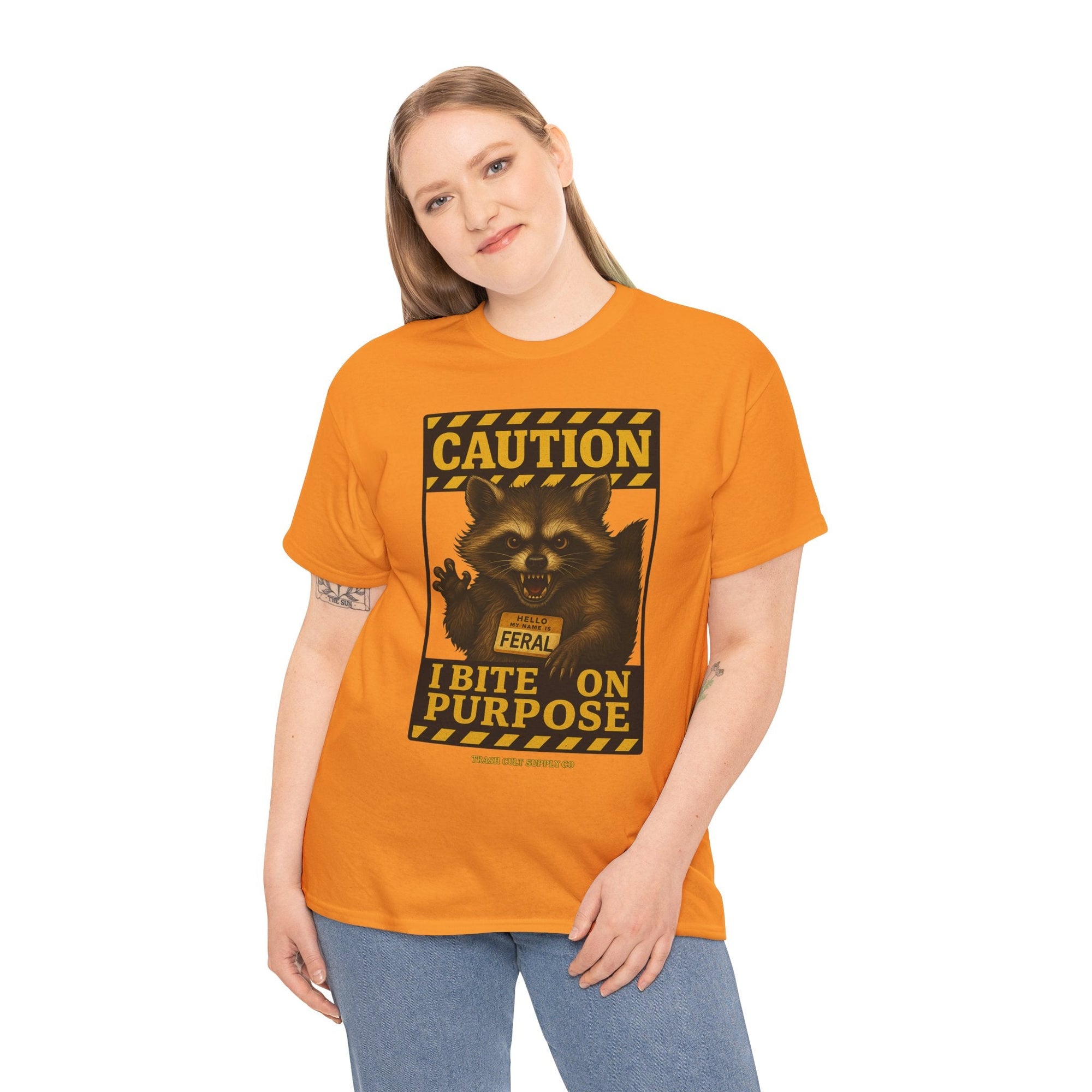 I Bite On Purpose Raccoon Warning T-Shirt – Caution Sign Style | Trash Cult Supply Co | Gildan 5000