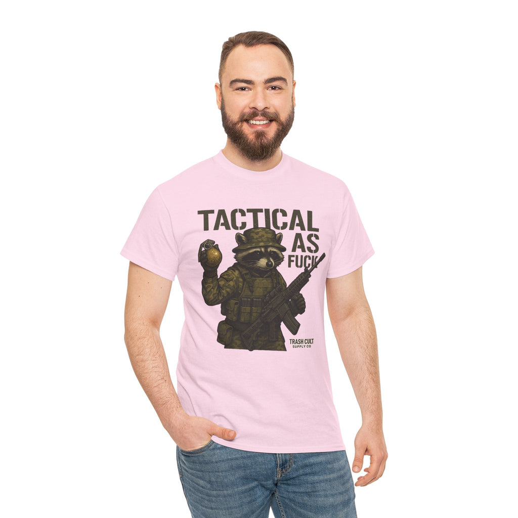 Tactical As F*** T-Shirt – Armed Raccoon Military Humor Tee | Trash Cult Supply Co. | Gildan 5000 Heavy Cotton