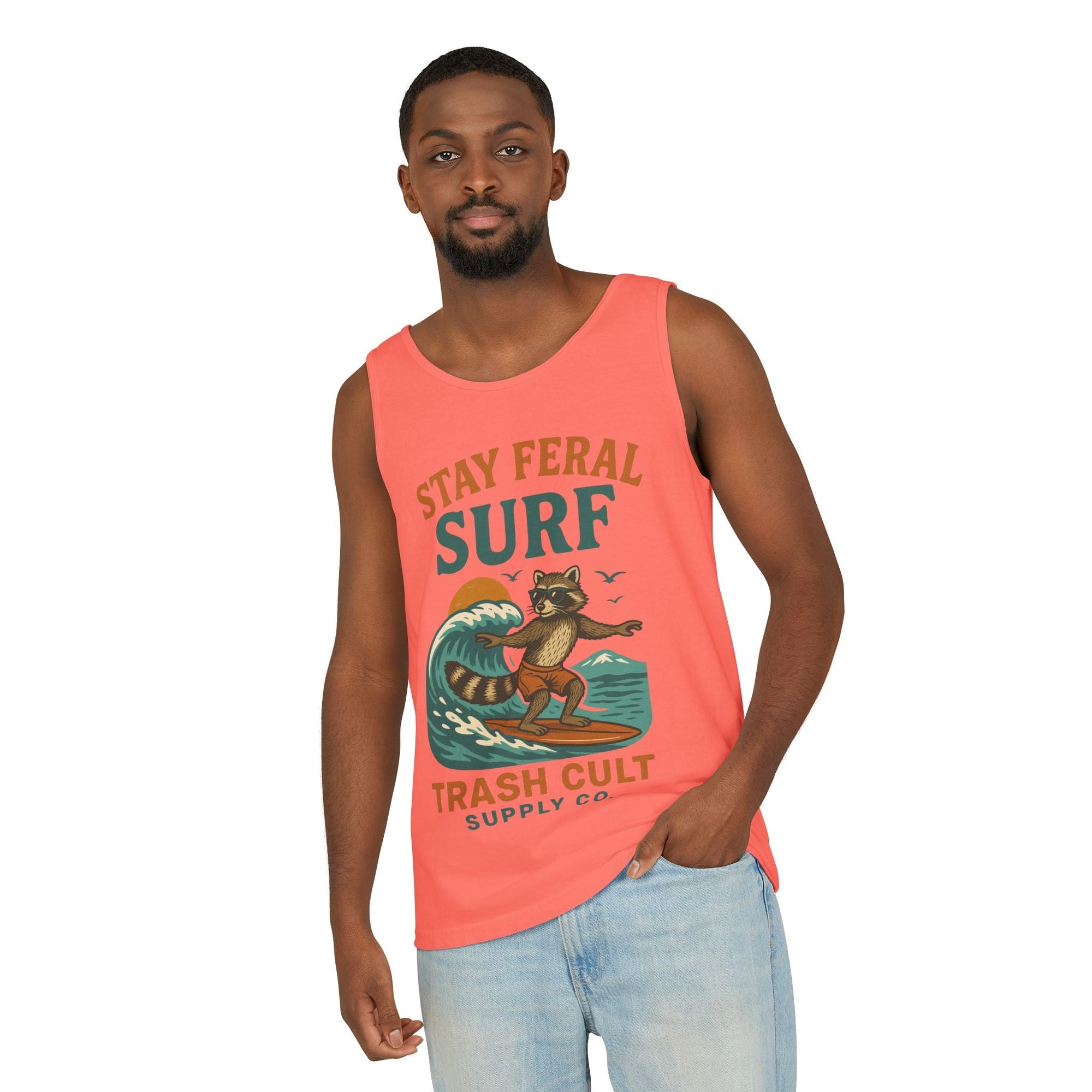 Stay Feral Surf Tank Top – Retro Raccoon Beach Tank – Trash Cult Supply Co – Comfort Colors 9360