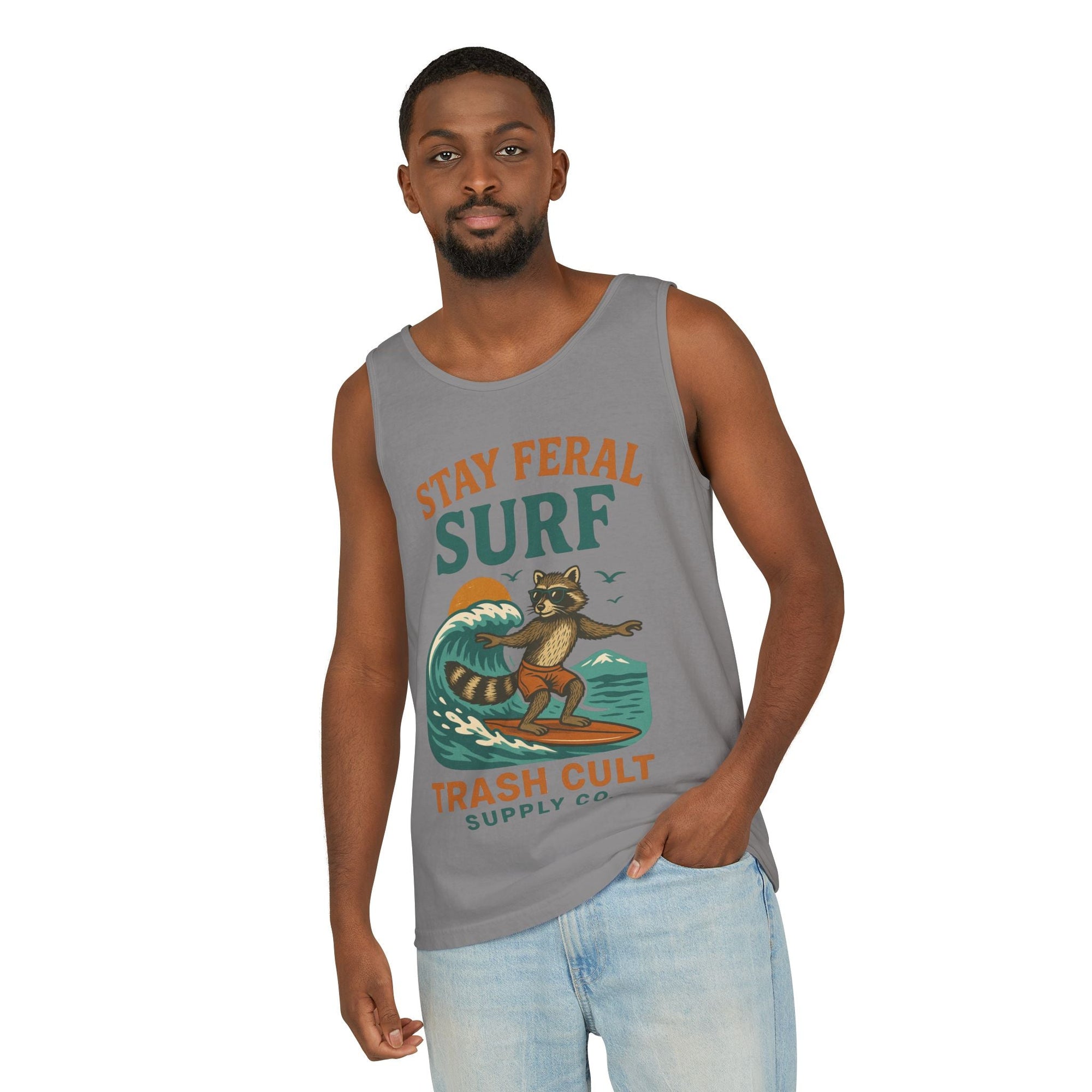 Stay Feral Surf Tank Top – Retro Raccoon Beach Tank – Trash Cult Supply Co – Comfort Colors 9360