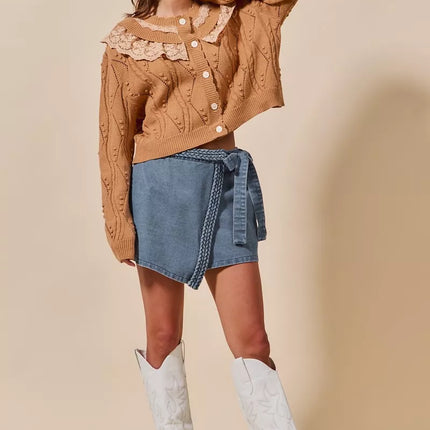 SO ME Wrap Braided Trimmed Denim Skort