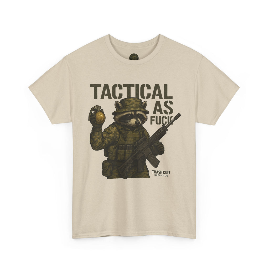 Tactical As F*** T-Shirt – Armed Raccoon Military Humor Tee | Trash Cult Supply Co. | Gildan 5000 Heavy Cotton