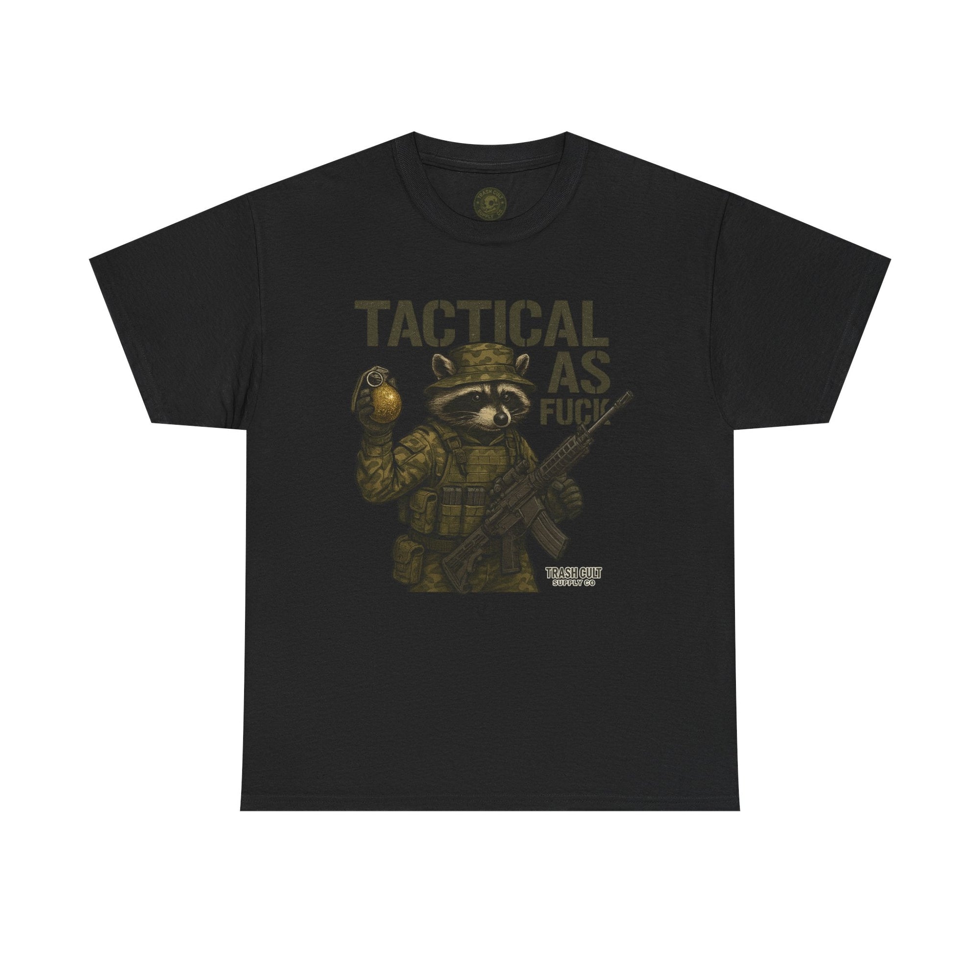 Tactical As F*** T-Shirt – Armed Raccoon Military Humor Tee | Trash Cult Supply Co. | Gildan 5000 Heavy Cotton