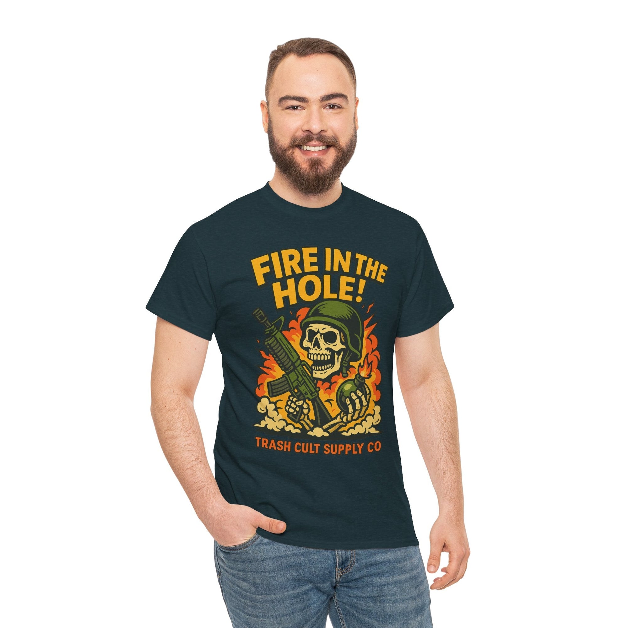 Fire in the Hole! Skeleton Soldier T-Shirt – Trash Cult Supply Co. | Gildan 5000 Combat Graphic Tee