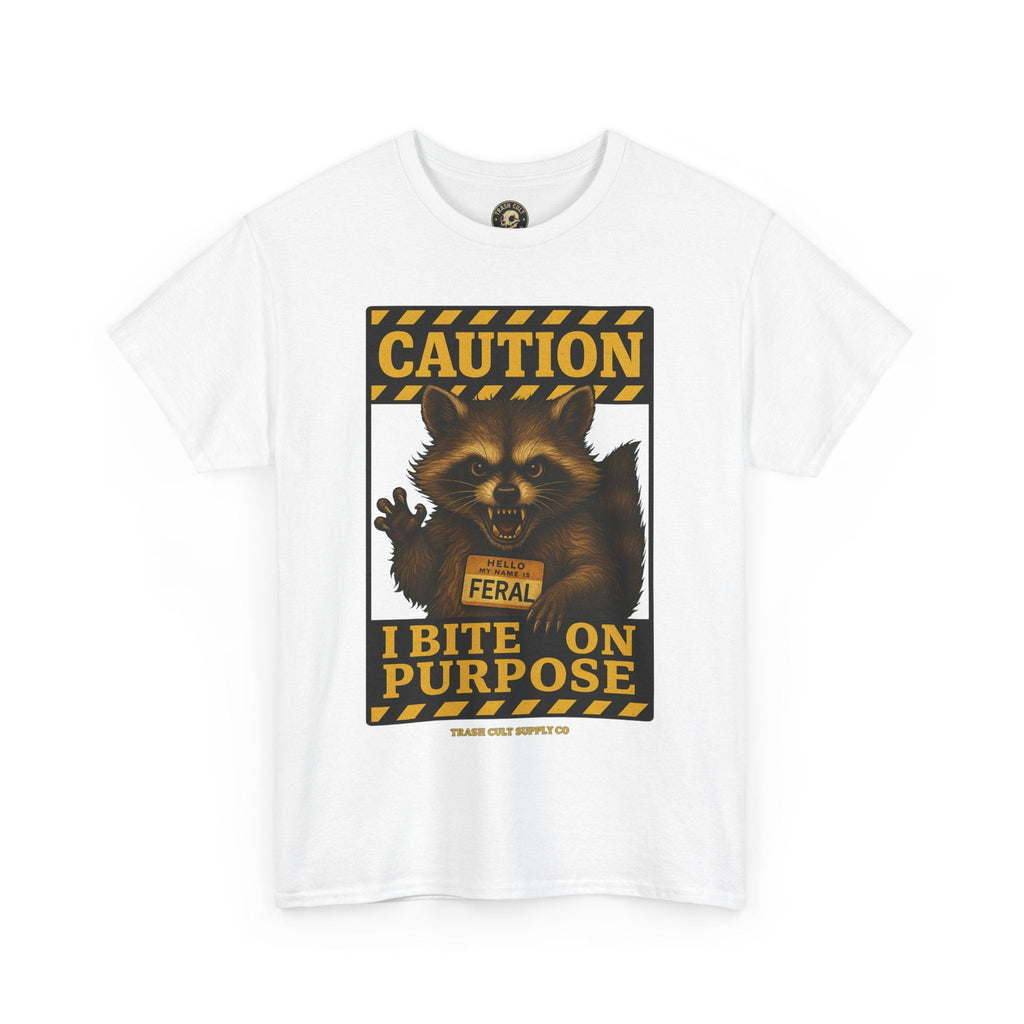 I Bite On Purpose Raccoon Warning T-Shirt – Caution Sign Style | Trash Cult Supply Co | Gildan 5000