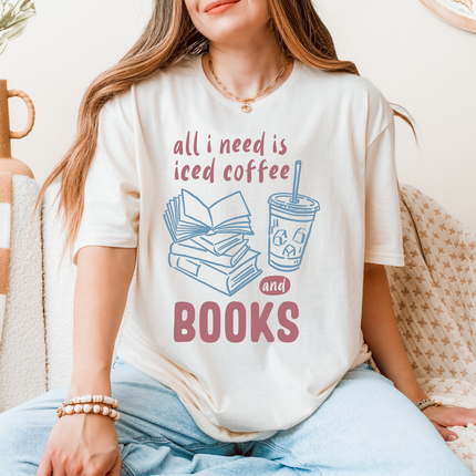 All I Need Is Iced Coffee and Books T-Shirt, Book Lover Graphic Tee, Coffee Addict Shirt for Women, Cozy Reader Tee, Caffeine & Books Gift: Blue & Purple Print