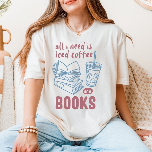 All I Need Is Iced Coffee and Books T-Shirt, Book Lover Graphic Tee, Coffee Addict Shirt for Women, Cozy Reader Tee, Caffeine & Books Gift: Blue & Purple Print