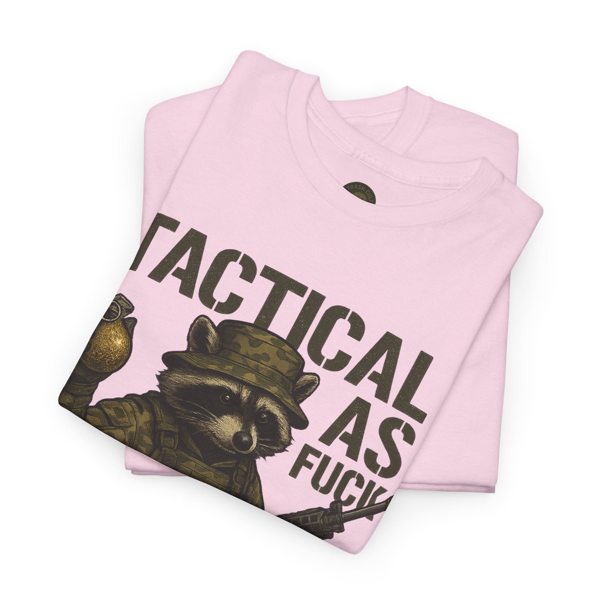 Tactical As F*** T-Shirt – Armed Raccoon Military Humor Tee | Trash Cult Supply Co. | Gildan 5000 Heavy Cotton