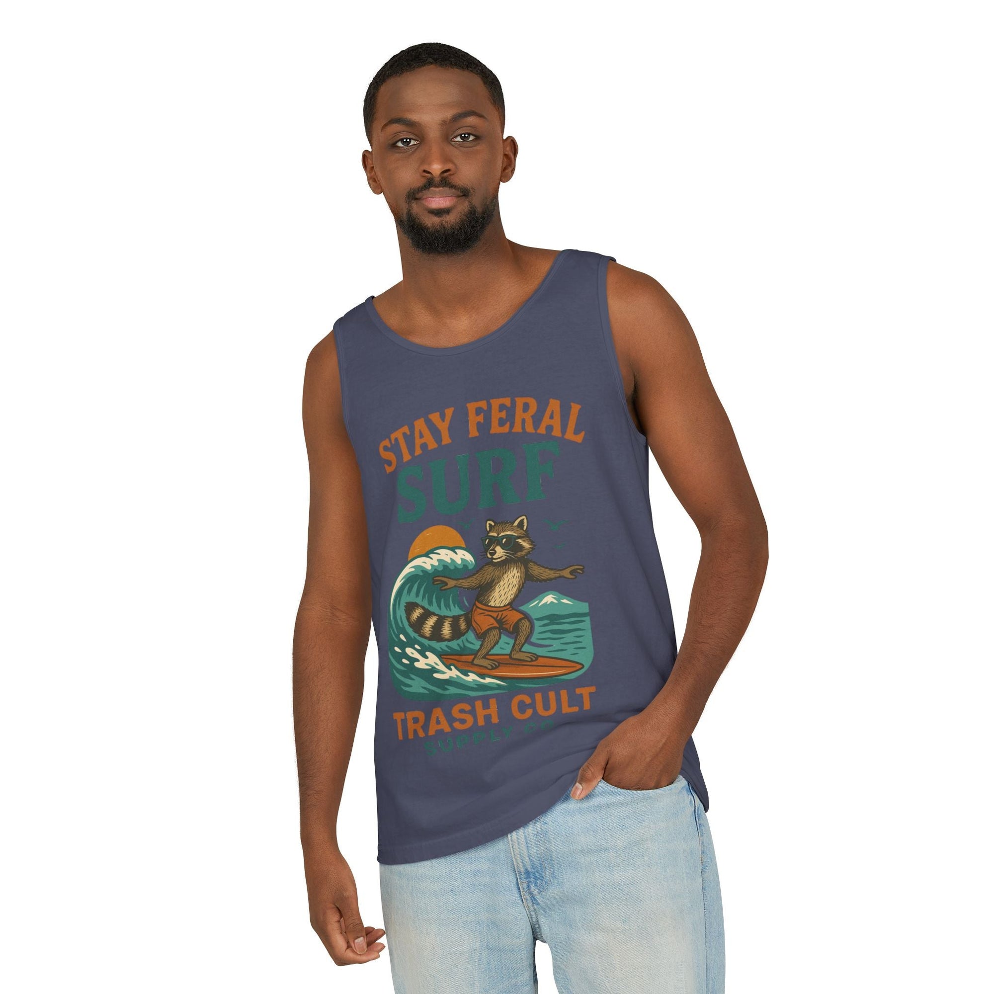 Stay Feral Surf Tank Top – Retro Raccoon Beach Tank – Trash Cult Supply Co – Comfort Colors 9360