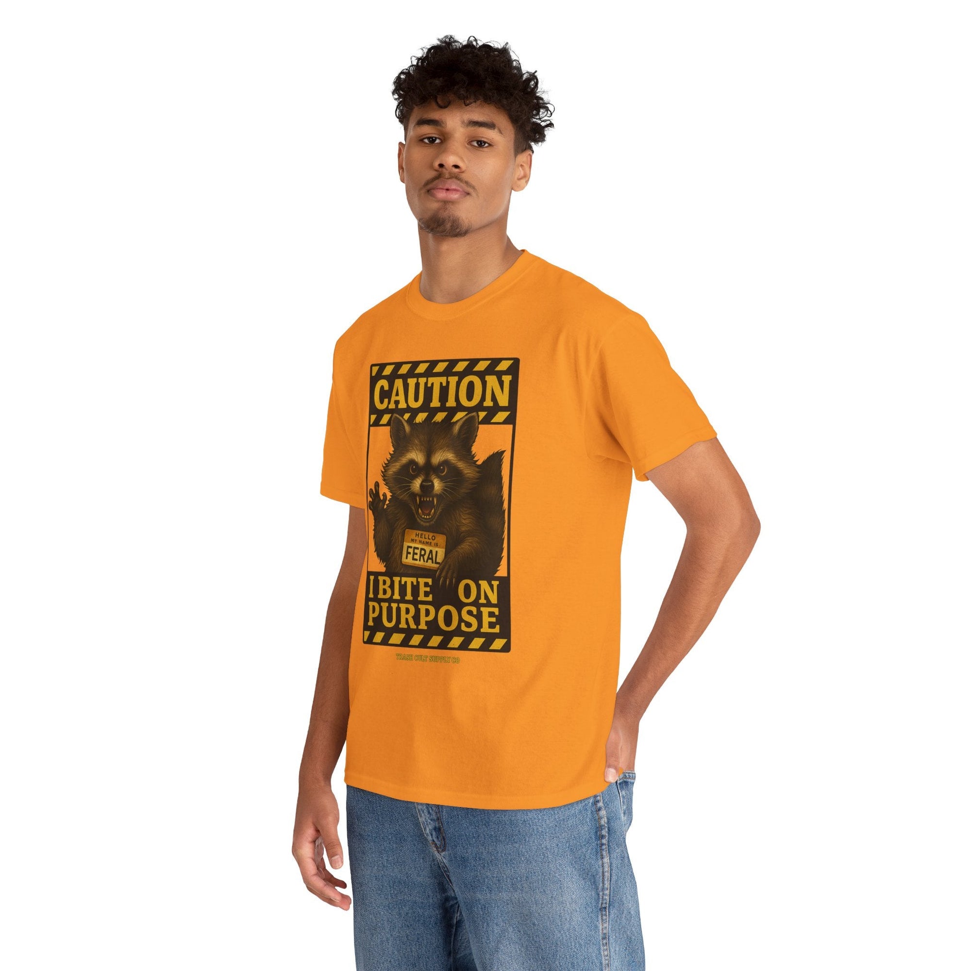 I Bite On Purpose Raccoon Warning T-Shirt – Caution Sign Style | Trash Cult Supply Co | Gildan 5000