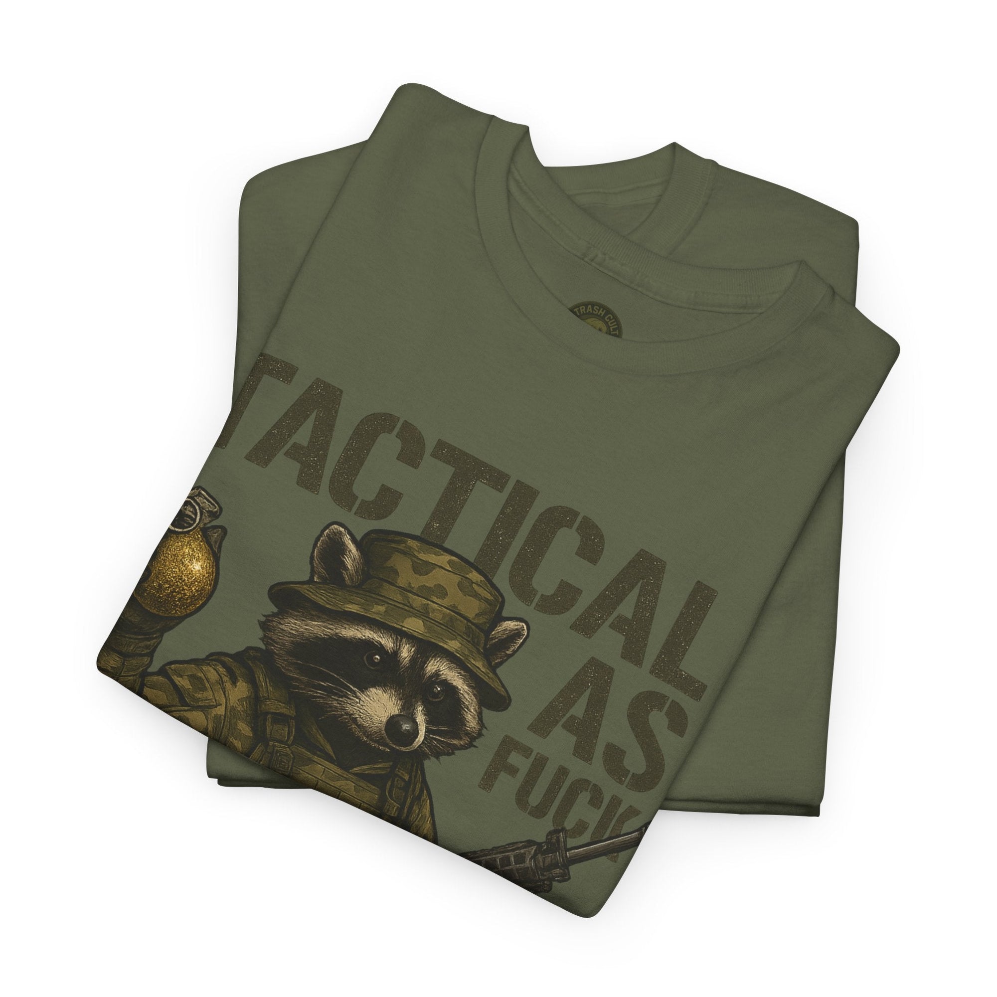 Tactical As F*** T-Shirt – Armed Raccoon Military Humor Tee | Trash Cult Supply Co. | Gildan 5000 Heavy Cotton