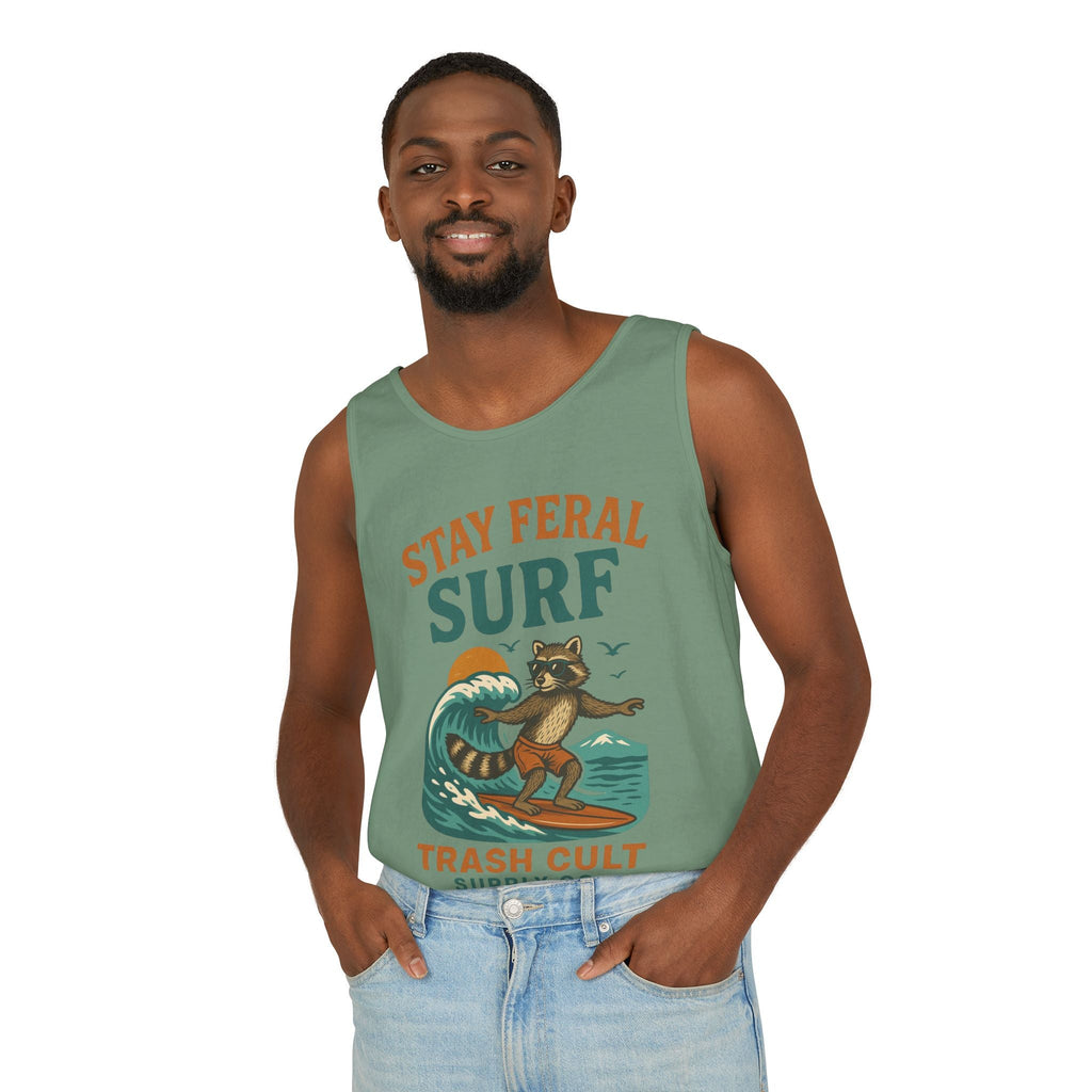 Stay Feral Surf Tank Top – Retro Raccoon Beach Tank – Trash Cult Supply Co – Comfort Colors 9360