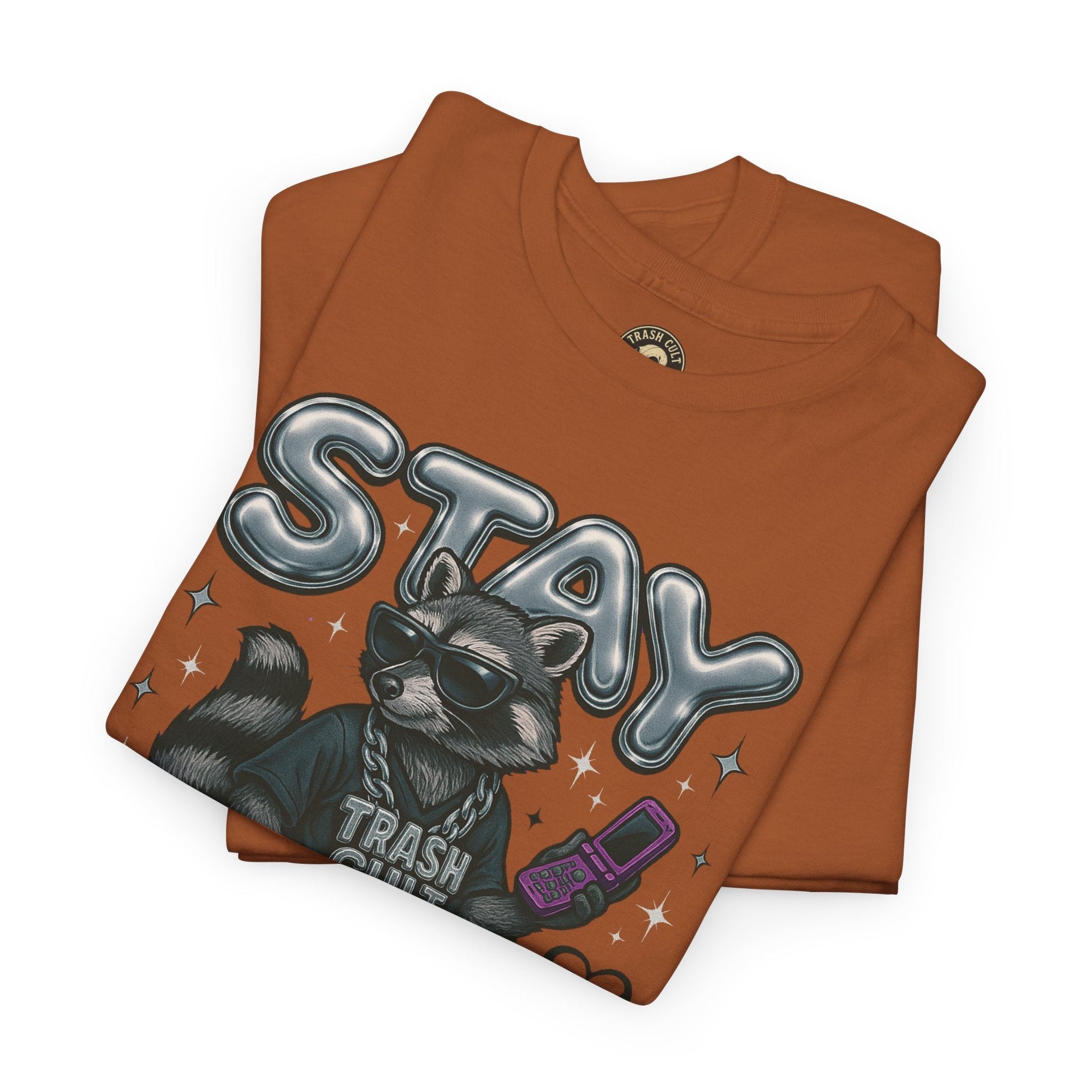 Stay Feral Chrome Raccoon Tee – Y2K Streetwear Trash Cult Shirt