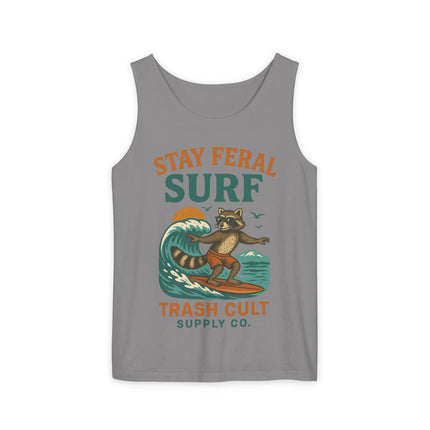 Stay Feral Surf Tank Top – Retro Raccoon Beach Tank – Trash Cult Supply Co – Comfort Colors 9360