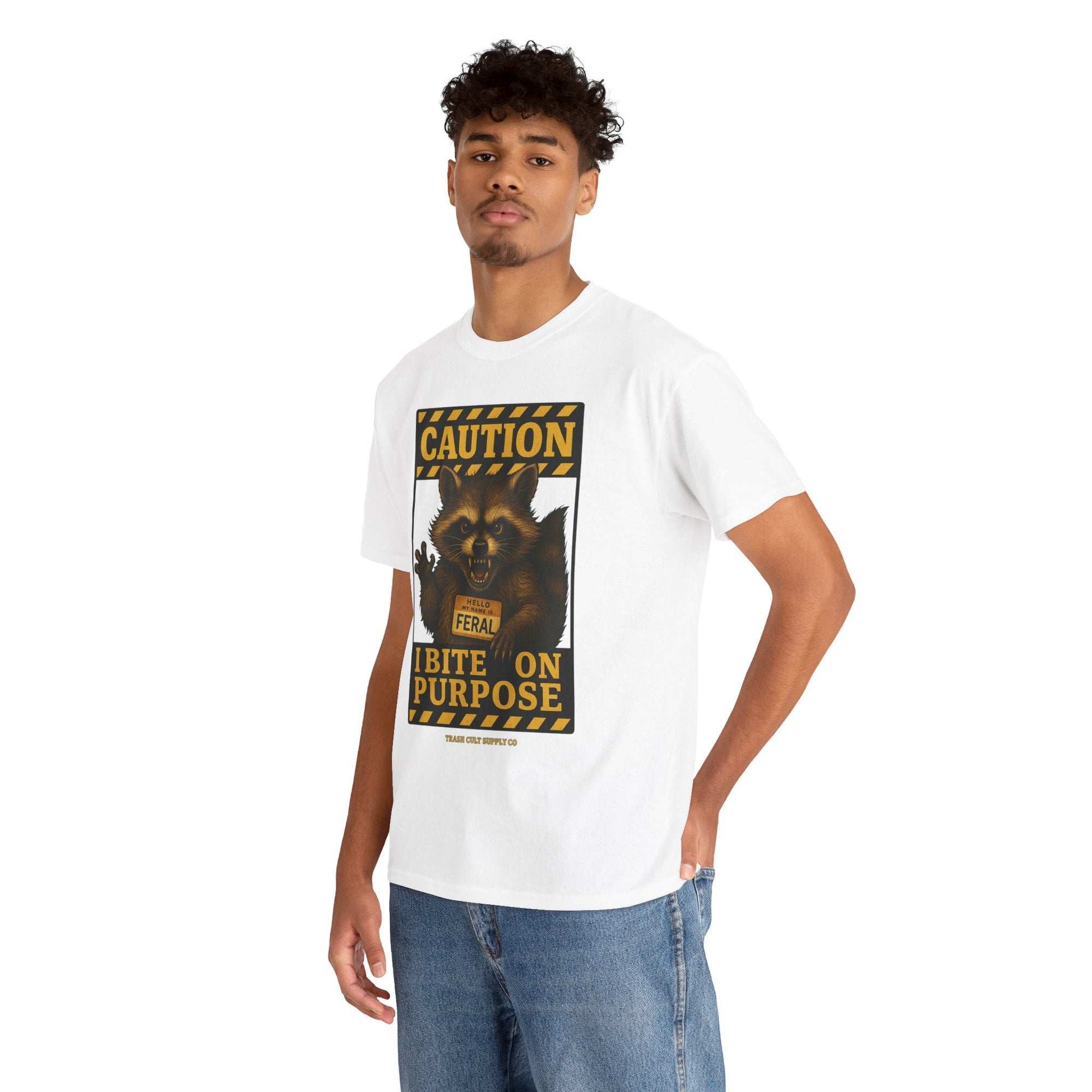 I Bite On Purpose Raccoon Warning T-Shirt – Caution Sign Style | Trash Cult Supply Co | Gildan 5000