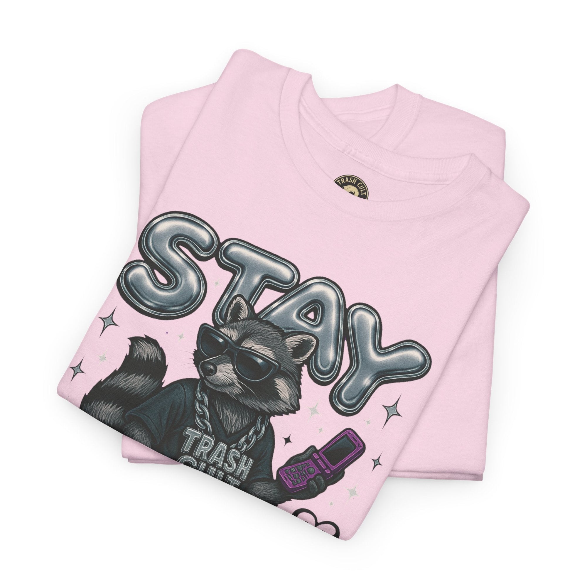 Stay Feral Chrome Raccoon Tee – Y2K Streetwear Trash Cult Shirt