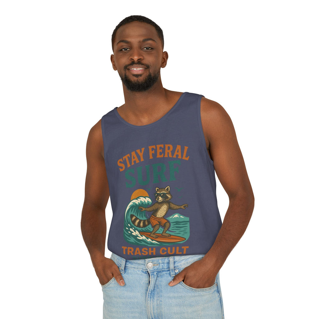 Stay Feral Surf Tank Top – Retro Raccoon Beach Tank – Trash Cult Supply Co – Comfort Colors 9360