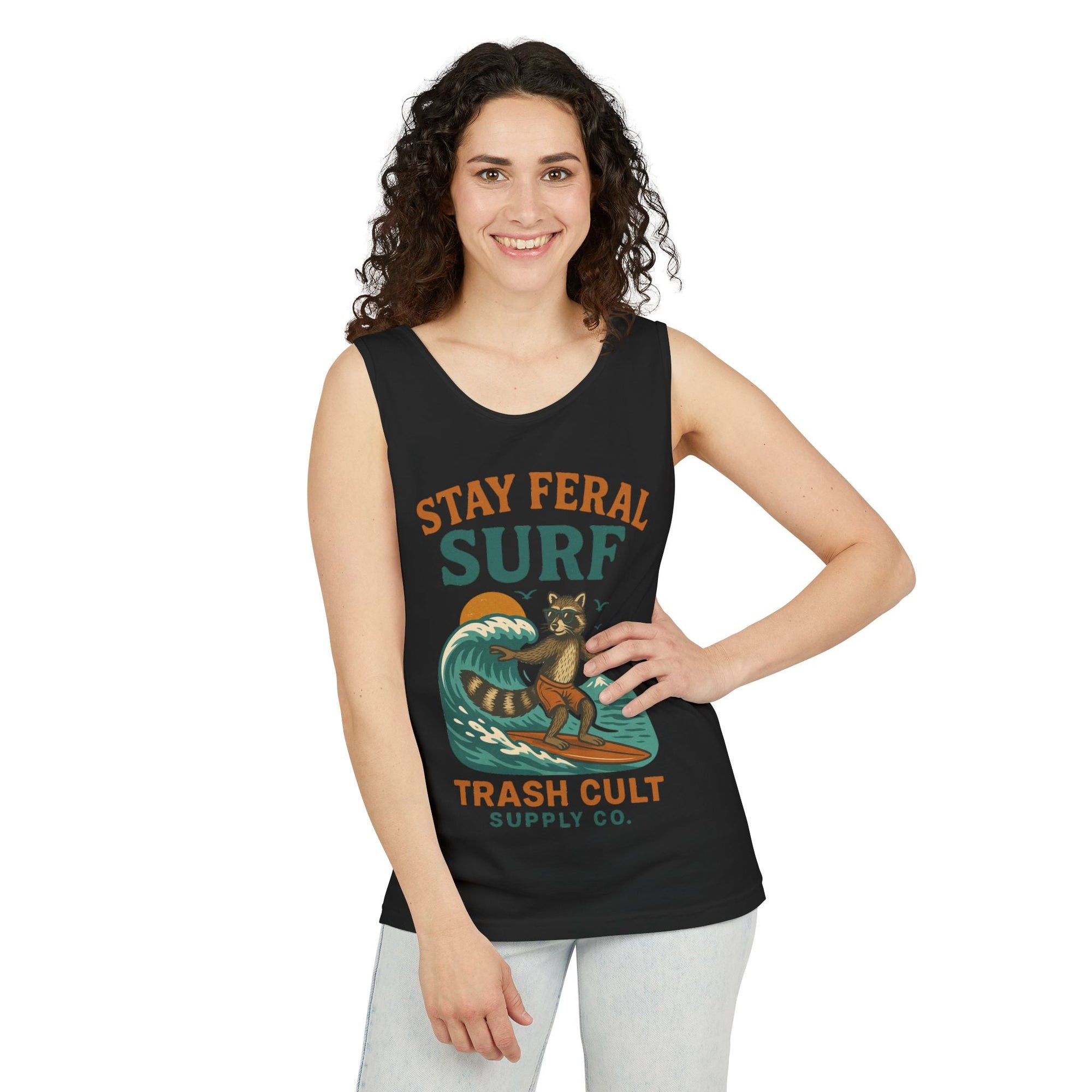 Stay Feral Surf Tank Top – Retro Raccoon Beach Tank – Trash Cult Supply Co – Comfort Colors 9360