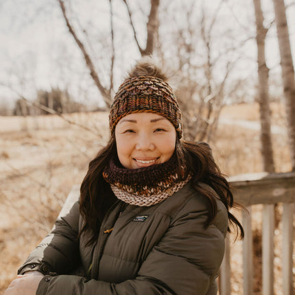 Brown Multi-Color Merino Wool Knit Hat with Faux Fur Pom Pom