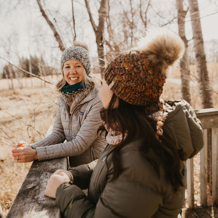 Brown Multi-Color Merino Wool Knit Hat with Faux Fur Pom Pom
