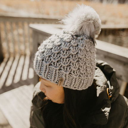 Gray Merino Wool Knit Hat with Faux Fur Pom Pom