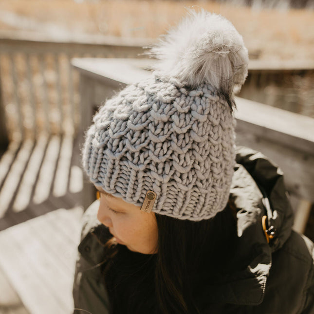 Gray Merino Wool Knit Hat with Faux Fur Pom Pom