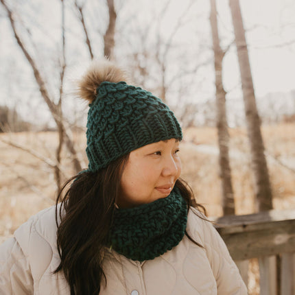 Forest Green Peruvian Wool Knit Hat with Faux Fur Pom Pom