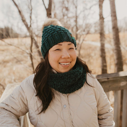 Forest Green Peruvian Wool Knit Hat with Faux Fur Pom Pom