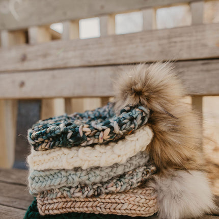 Ivory Peruvian Wool Knit Hat with Faux Fur Pom Pom