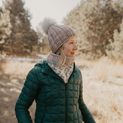 Pearl Gray Merino Wool Ribbed Knit Hat with Faux Fur Pom Pom