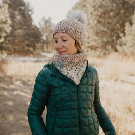 Pearl Gray Merino Wool Ribbed Knit Hat with Faux Fur Pom Pom