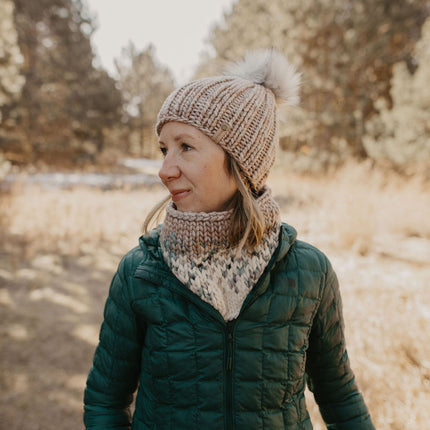Pearl Gray Merino Wool Ribbed Knit Hat with Faux Fur Pom Pom