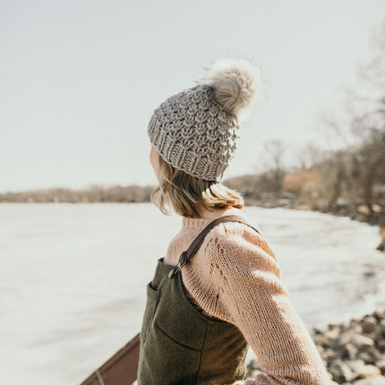 Gray Merino Wool Knit Hat with Faux Fur Pom Pom