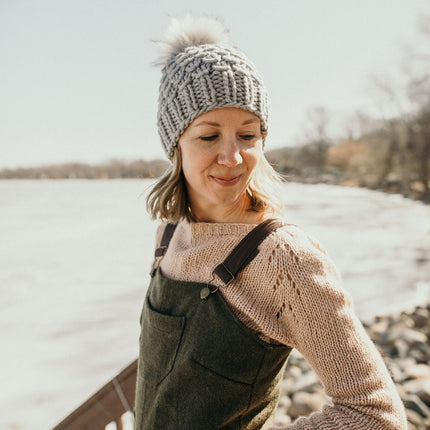 Gray Merino Wool Knit Hat with Faux Fur Pom Pom