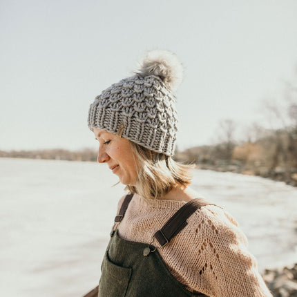 Gray Merino Wool Knit Hat with Faux Fur Pom Pom