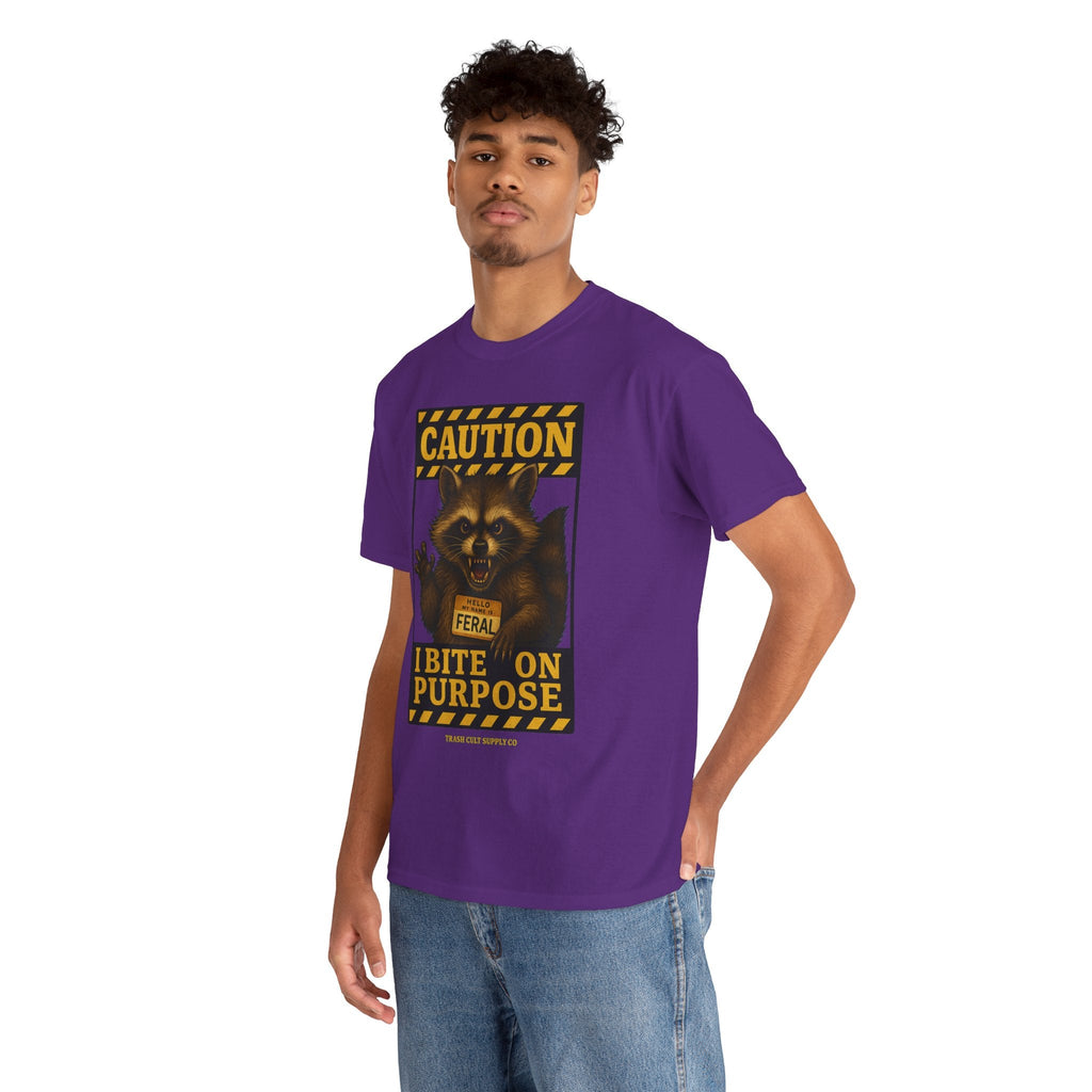 I Bite On Purpose Raccoon Warning T-Shirt – Caution Sign Style | Trash Cult Supply Co | Gildan 5000