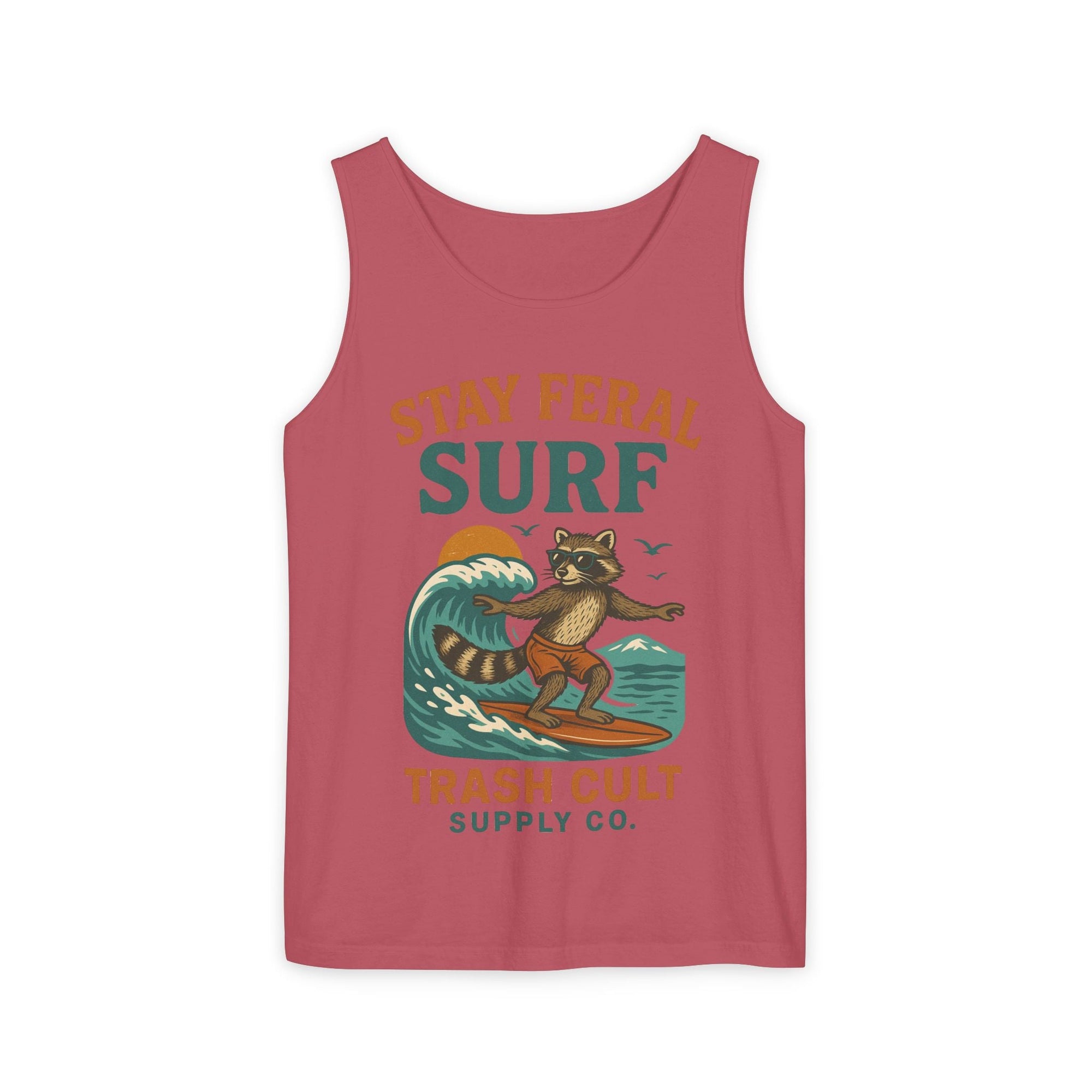 Stay Feral Surf Tank Top – Retro Raccoon Beach Tank – Trash Cult Supply Co – Comfort Colors 9360